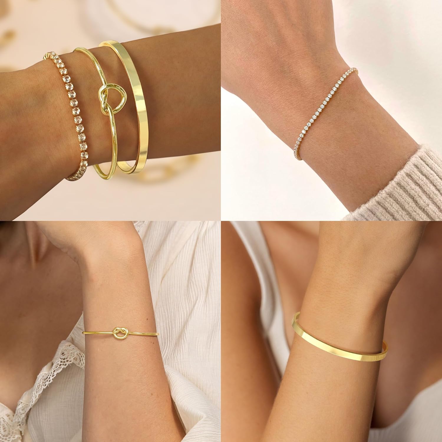 Gold Bangle Cuff Bracelets for Women 14k Gold Plated Cubic Zirconia Tennis Bracelet Non tarnish Love Knot Bracelets Stack Cuff Bangles Adjustable Jewelry Set for Women 3pcs - Image 5