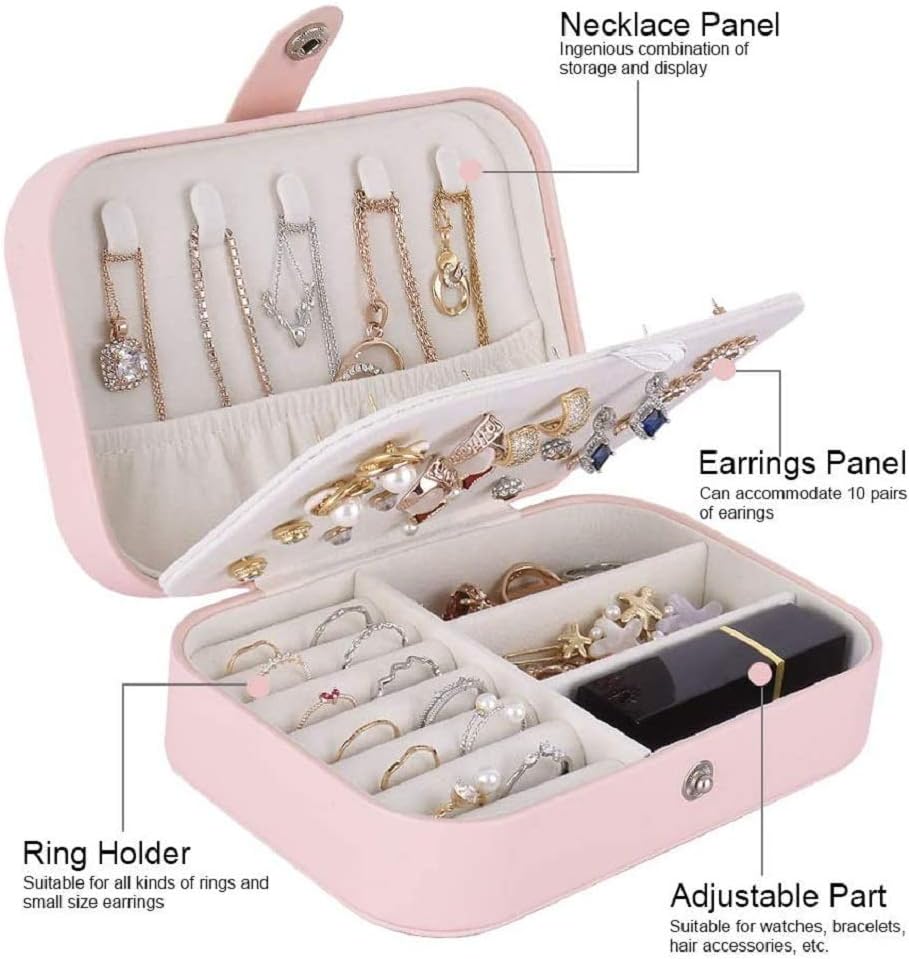 Small Jewelry Box, Travel Jewelry Organizer Portable Jewelry Storage Case for Necklace Earring Rings, Double Layer PU Leather Mini Jewelry Gift Box for Girls Women, Pink - Image 3