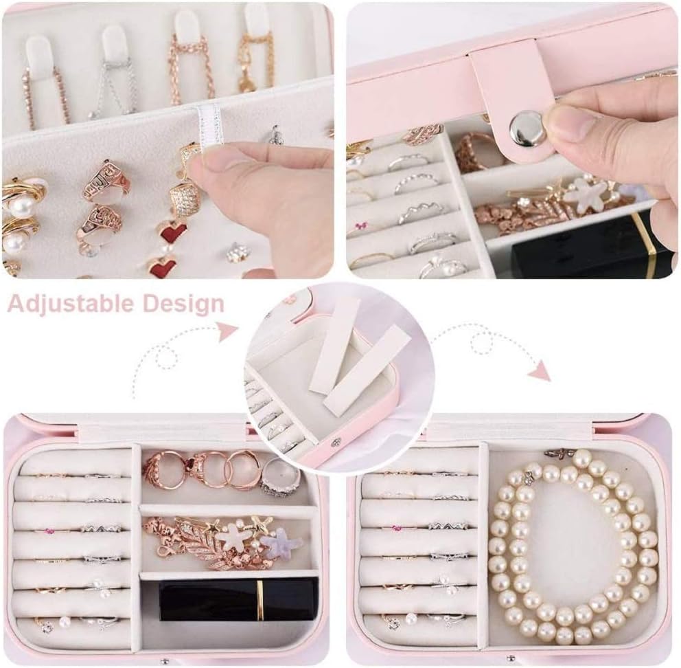 Small Jewelry Box, Travel Jewelry Organizer Portable Jewelry Storage Case for Necklace Earring Rings, Double Layer PU Leather Mini Jewelry Gift Box for Girls Women, Pink - Image 4