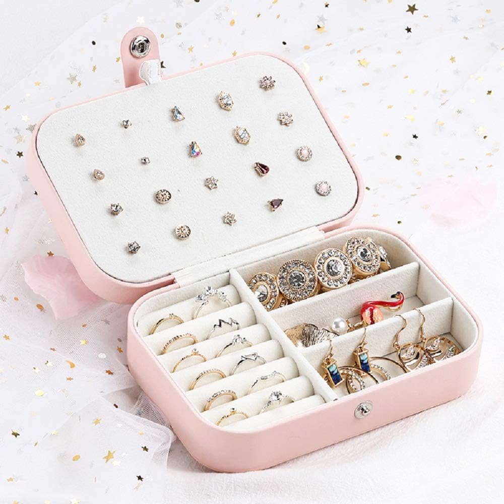 Small Jewelry Box, Travel Jewelry Organizer Portable Jewelry Storage Case for Necklace Earring Rings, Double Layer PU Leather Mini Jewelry Gift Box for Girls Women, Pink - Image 6