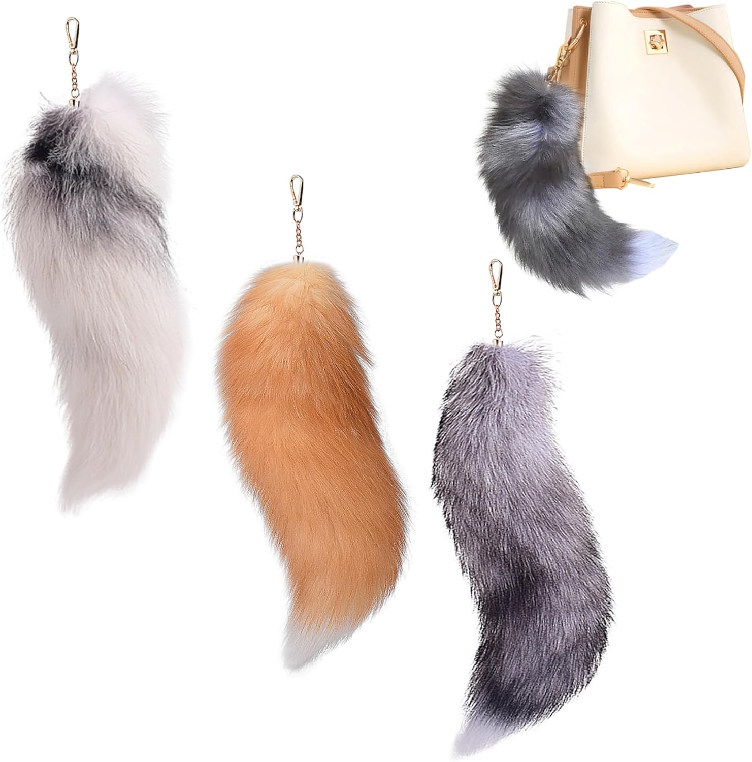 3 Pcs Therian Tail, 15.8 Inch Long Therian Fox Tail with Clasp, Halloween Soft Fluffy Fox Tail Keychain, Hanging Fox Tails for Women Adult Handbag Backpack - Image 4