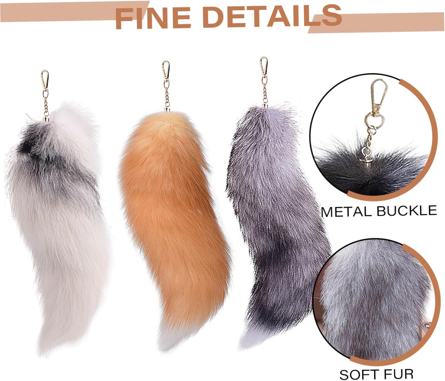 3 Pcs Therian Tail, 15.8 Inch Long Therian Fox Tail with Clasp, Halloween Soft Fluffy Fox Tail Keychain, Hanging Fox Tails for Women Adult Handbag Backpack - Image 5