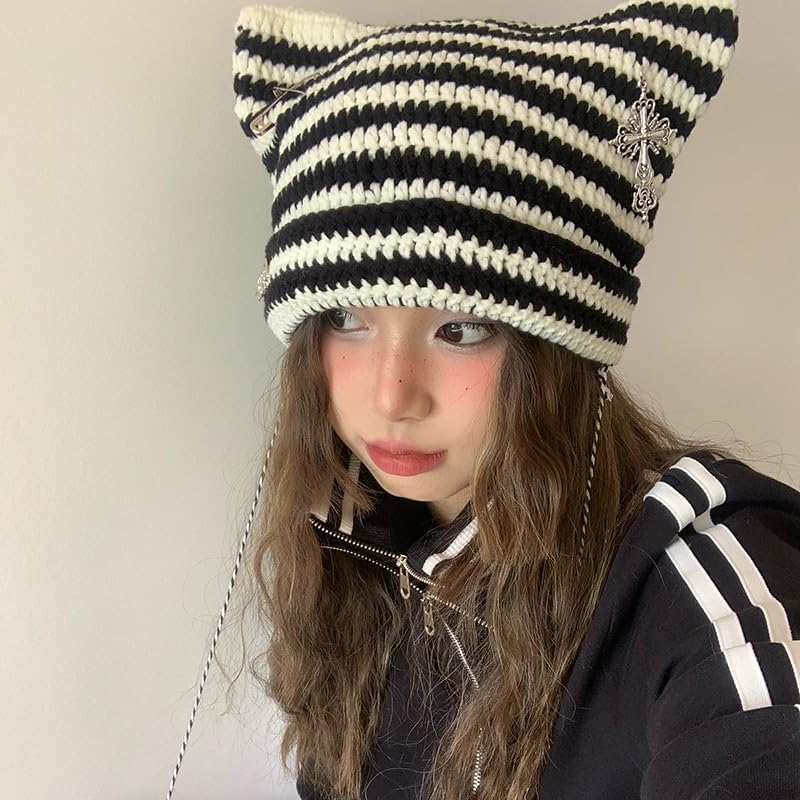 Grunge Beanies Crochet Knitted Hats for Women Girls Fox Cat Ear Goth Emo Alt Y2K Accessories Grunge Clothes - Image 6