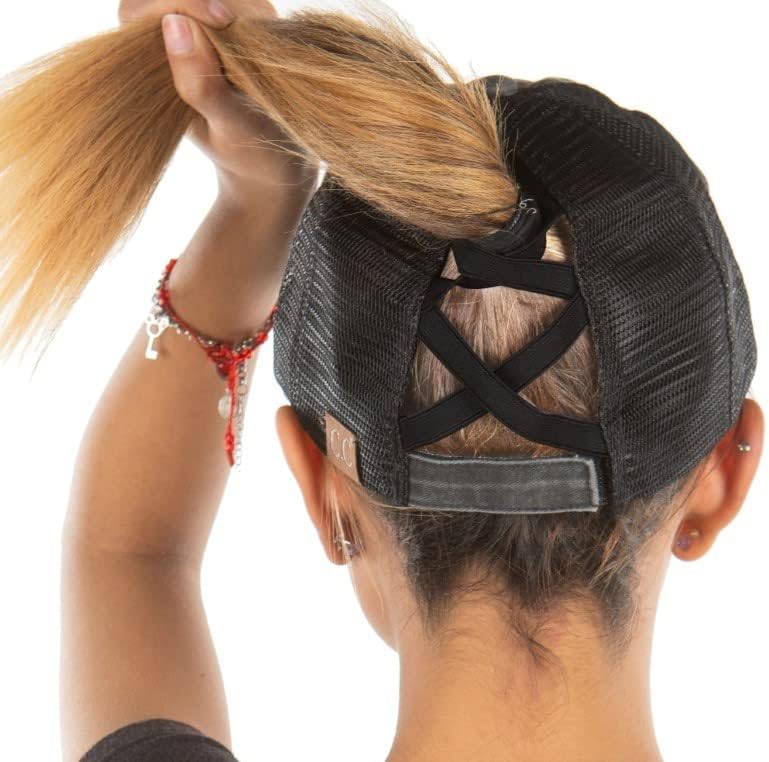 Criss Cross Hat Womens Baseball Cap Distressed Ponytail Messy Bun Trucker Ponycap - Image 1
