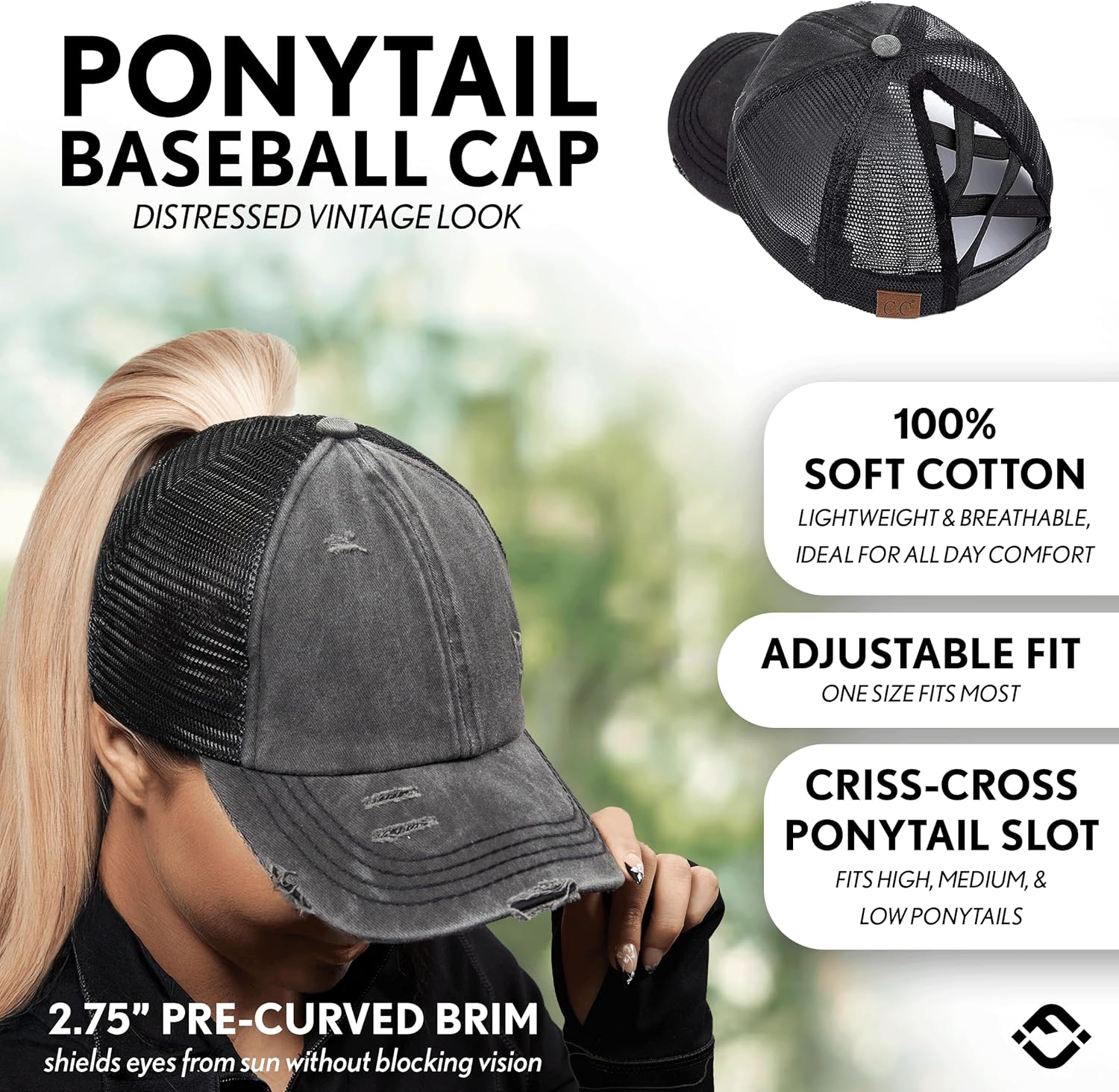 Criss Cross Hat Womens Baseball Cap Distressed Ponytail Messy Bun Trucker Ponycap - Image 2