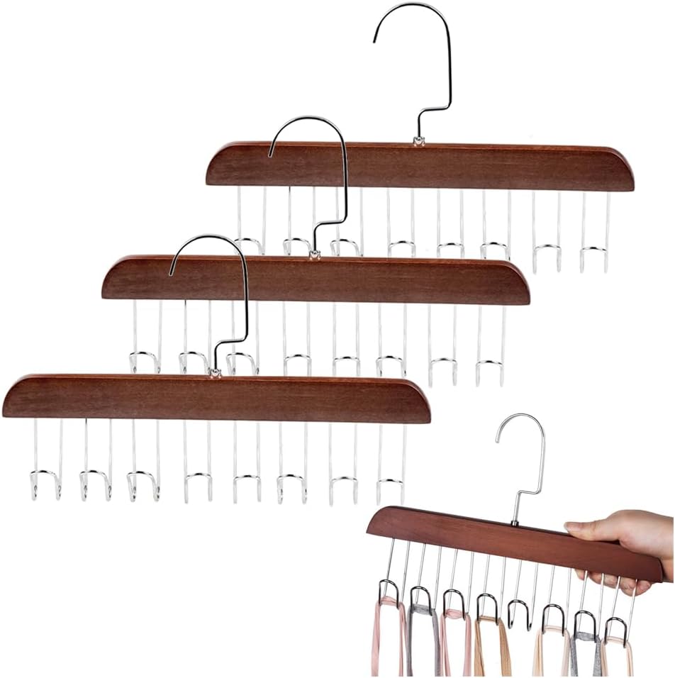 4 Pack Tank Top Bra Hanger, Wood Tie and Belt Hanger, Anti Slip Multi Hook Coat Rack, Hanging Closet Organization Storage Holder for Belts, Ties, Scarfs, Bras, Camisoles (Dark Brown) - Image 1
