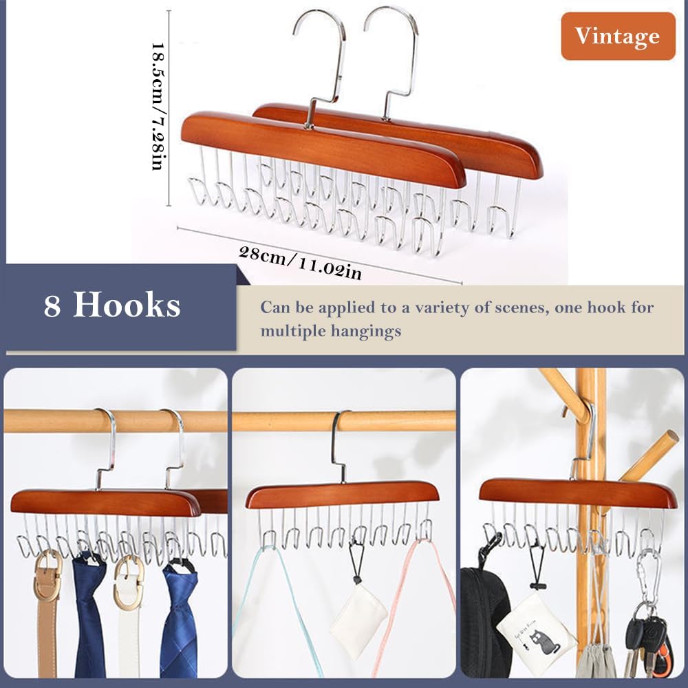 4 Pack Tank Top Bra Hanger, Wood Tie and Belt Hanger, Anti Slip Multi Hook Coat Rack, Hanging Closet Organization Storage Holder for Belts, Ties, Scarfs, Bras, Camisoles (Dark Brown) - Image 2