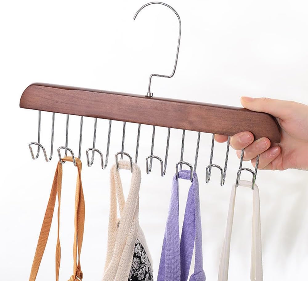 4 Pack Tank Top Bra Hanger, Wood Tie and Belt Hanger, Anti Slip Multi Hook Coat Rack, Hanging Closet Organization Storage Holder for Belts, Ties, Scarfs, Bras, Camisoles (Dark Brown) - Image 5