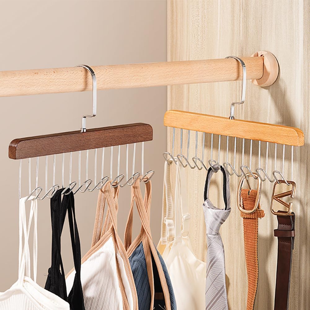 4 Pack Tank Top Bra Hanger, Wood Tie and Belt Hanger, Anti Slip Multi Hook Coat Rack, Hanging Closet Organization Storage Holder for Belts, Ties, Scarfs, Bras, Camisoles (Dark Brown) - Image 7