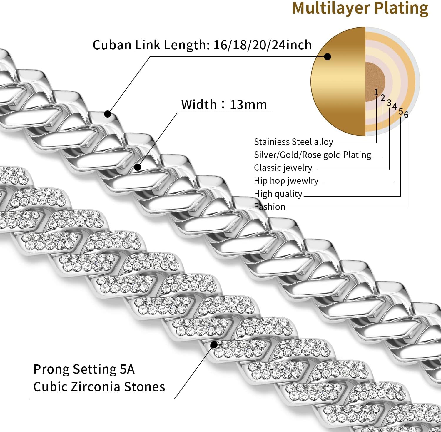 13mm Cuban Link Chain For Men Women Iced Out Chain Miami Cuban Necklace Bling Diamond Chains Hip Hop Jewelry - Image 2