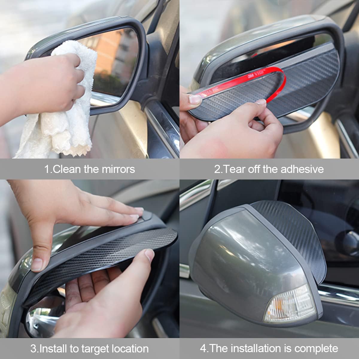 2PCS Smoke Visor Guards for Car Side Mirrors - Waterproof Carbon Fiber Auto Rain Eyebrows for Cars, Trucks and SUVs - Universal Fit (Black) - Image 4