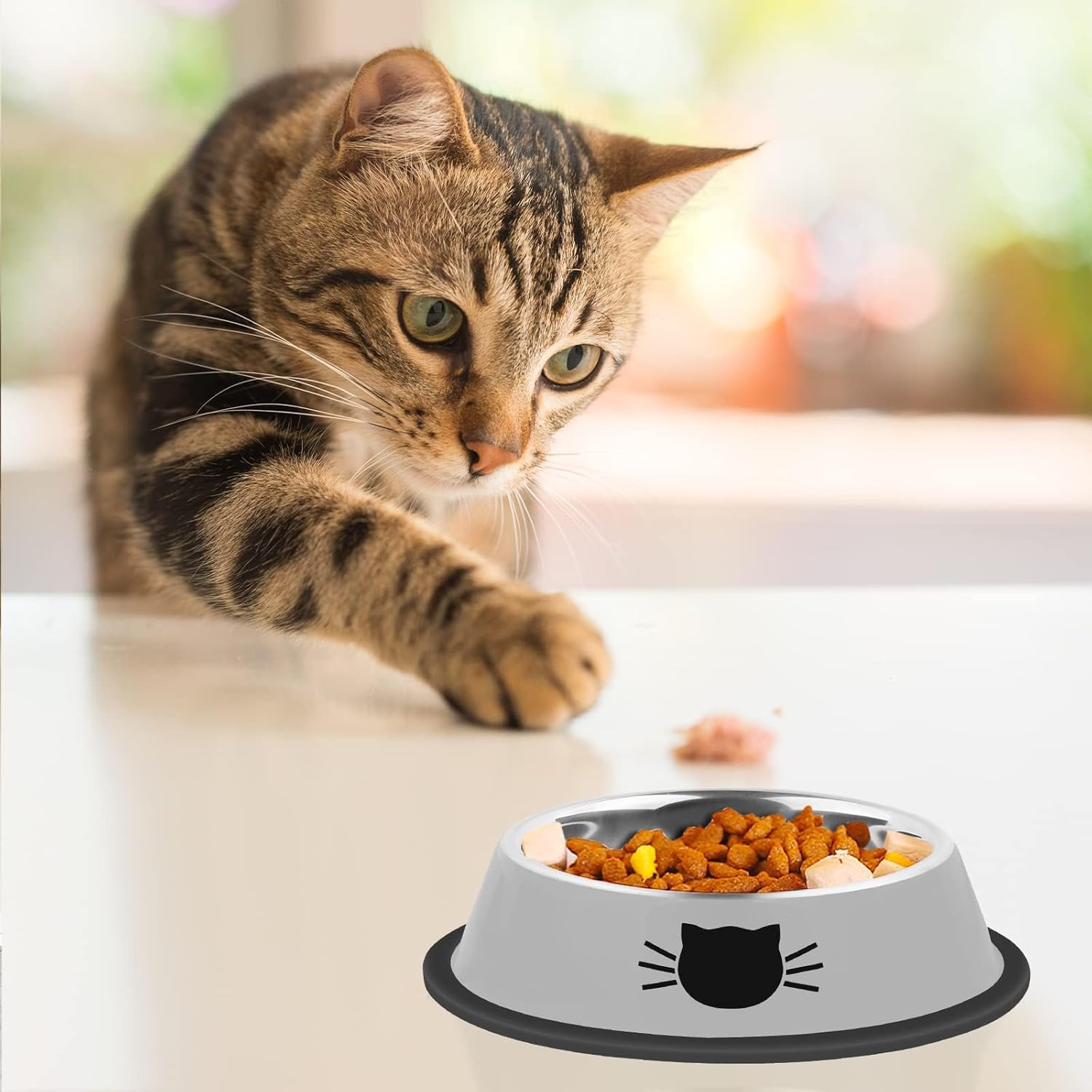 2Pcs Cat Bowls Non-Slip Stainless Steel Small Cat Food Bowls Unbreakable Thicken Cat Feeder 7 Oz Cat Dishes Suitable for Indoor Small Pets Removable Rubber Base Easily Clean Lovely Color - Image 6