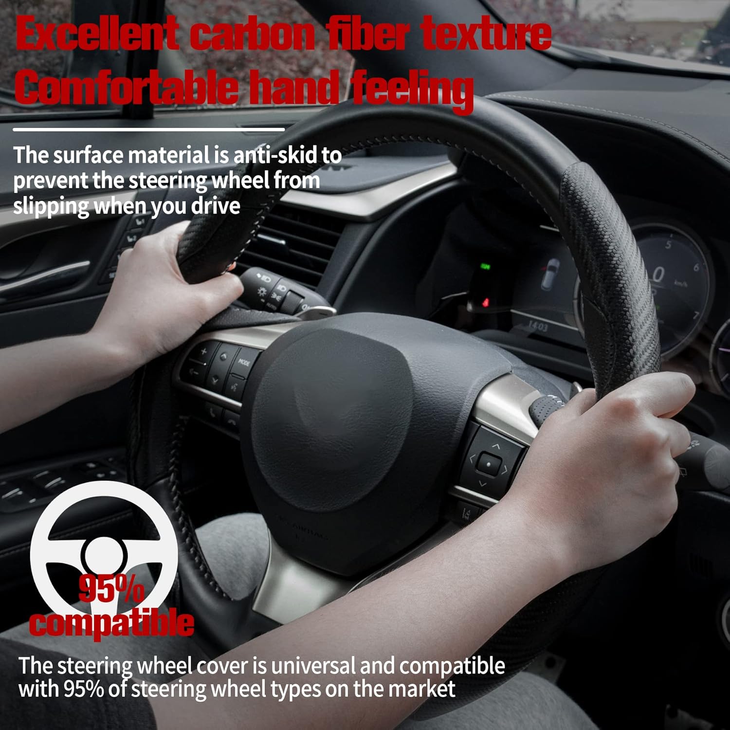 Car Carbon Fiber Anti-Skid Steering Wheel Cover, Segmented Protector, Butterfly Universal 99% Cover Interior Accessories (Black) (-CPH/W1) - Image 2