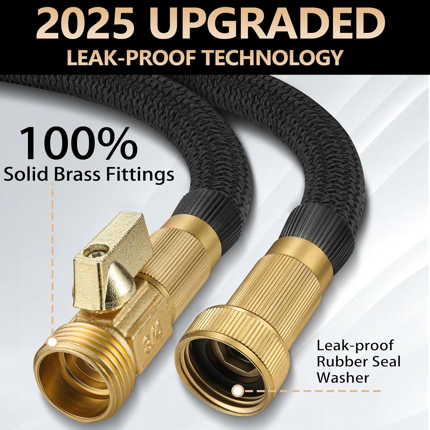 75 FT Garden Hose – 2025 Upgarded Expandable Garden Hose w/10 Pattern Spray Nozzle, 650psi Pure Brass 3/4” Fittings – Lightweight, Durable, and Kink-Free, Retractable Water Hoses for Gardening(Black) - Image 2