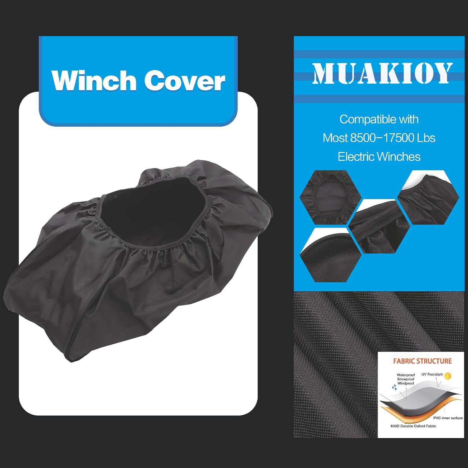 Winch Cover, Heavy Duty Waterproof Dust-Proof Winch Protection Cover, Ideal for Electric Winches 8500-17500 lbs, Indoor/Outdoor (21.5” x 9.5” x 7.5”) - Black - Image 3