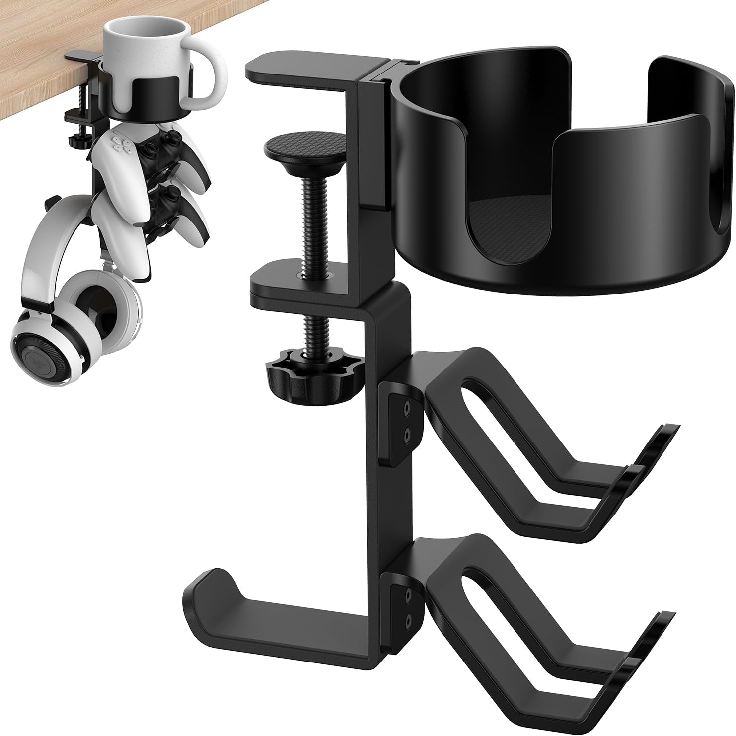 4 in 1 Desk Cup Holder with Headphone Hanger and Controller Stand Gaming Accessories, Universal Adjustable & Rotating Upgraded Arm Clamp for Coffee Mugs, Water Bottles, Headphones, Controller. - Image 1