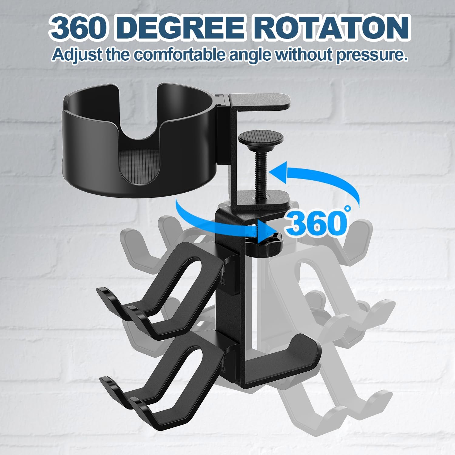 4 in 1 Desk Cup Holder with Headphone Hanger and Controller Stand Gaming Accessories, Universal Adjustable & Rotating Upgraded Arm Clamp for Coffee Mugs, Water Bottles, Headphones, Controller. - Image 2