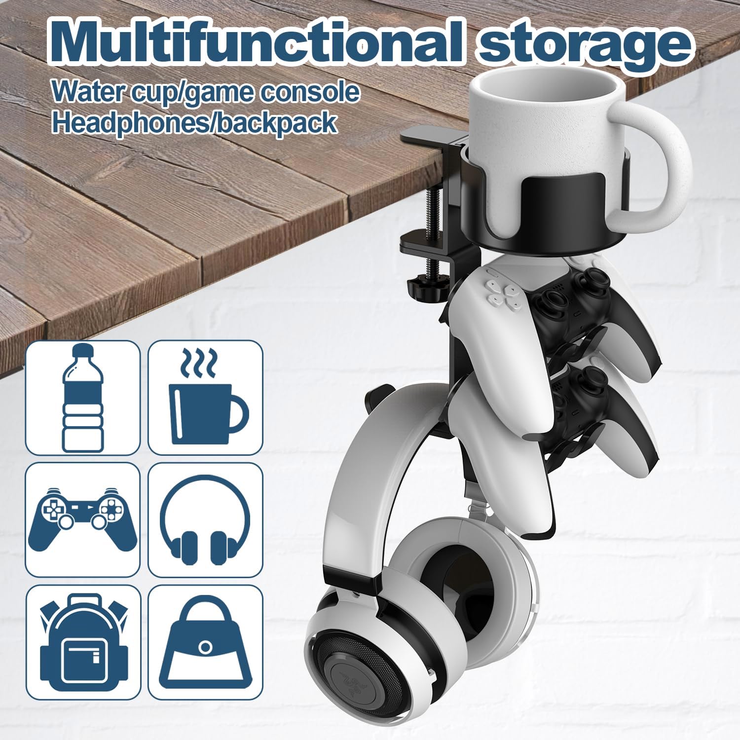 4 in 1 Desk Cup Holder with Headphone Hanger and Controller Stand Gaming Accessories, Universal Adjustable & Rotating Upgraded Arm Clamp for Coffee Mugs, Water Bottles, Headphones, Controller. - Image 3