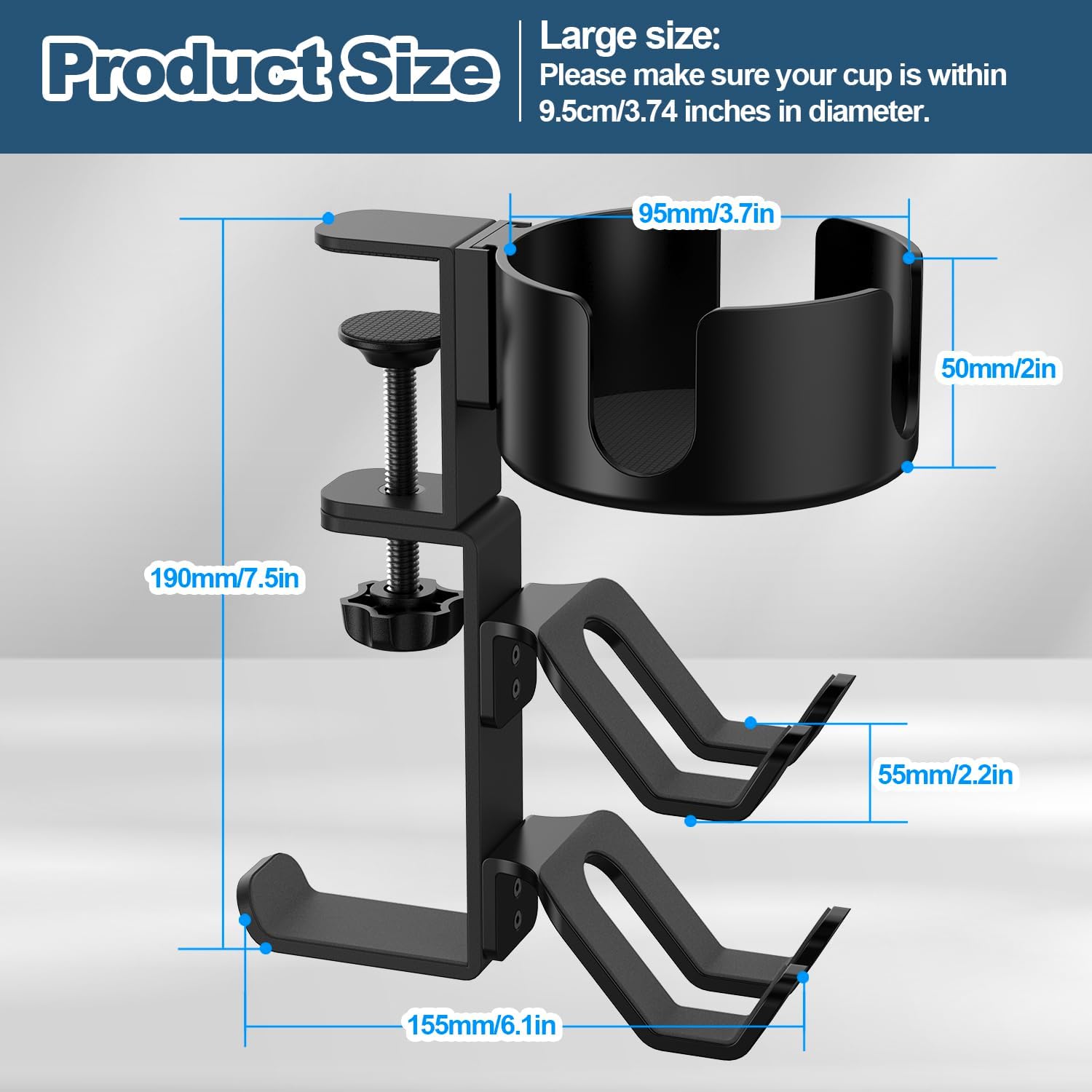 4 in 1 Desk Cup Holder with Headphone Hanger and Controller Stand Gaming Accessories, Universal Adjustable & Rotating Upgraded Arm Clamp for Coffee Mugs, Water Bottles, Headphones, Controller. - Image 7