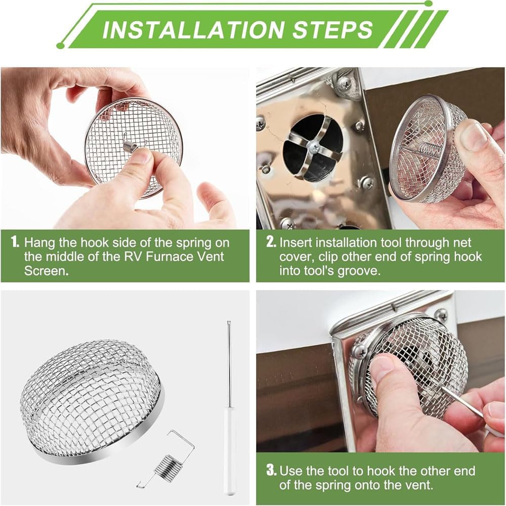 RV Furnace Vent Insect Screen Cover 2 Pack with Installation Tool, Durable Mesh RV Flying Insect Screen for Campers and Trailers, Easy Fit, Rust Proof, Keeps Bugs Out - Image 5