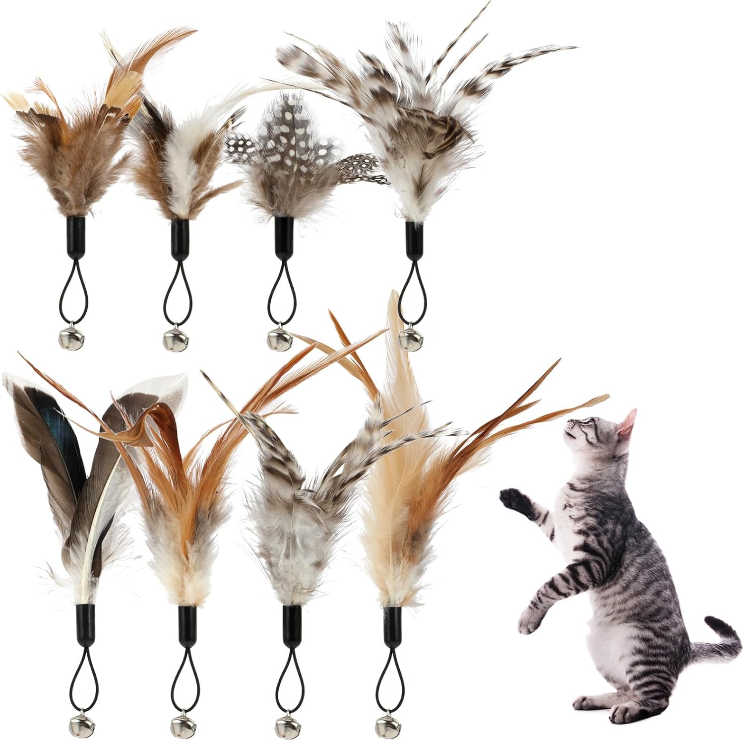 8 Pcs Cat Feather Toys with Bells, Feather Teaser Cat Toy, Replacement Feather Refills with Bells, Exerciser Playing Toy for Kitten or cat - Image 1