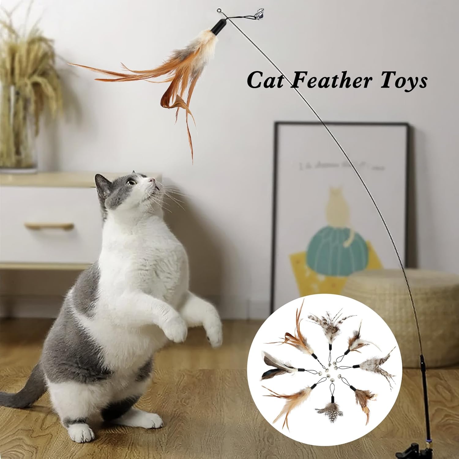 8 Pcs Cat Feather Toys with Bells, Feather Teaser Cat Toy, Replacement Feather Refills with Bells, Exerciser Playing Toy for Kitten or cat - Image 4