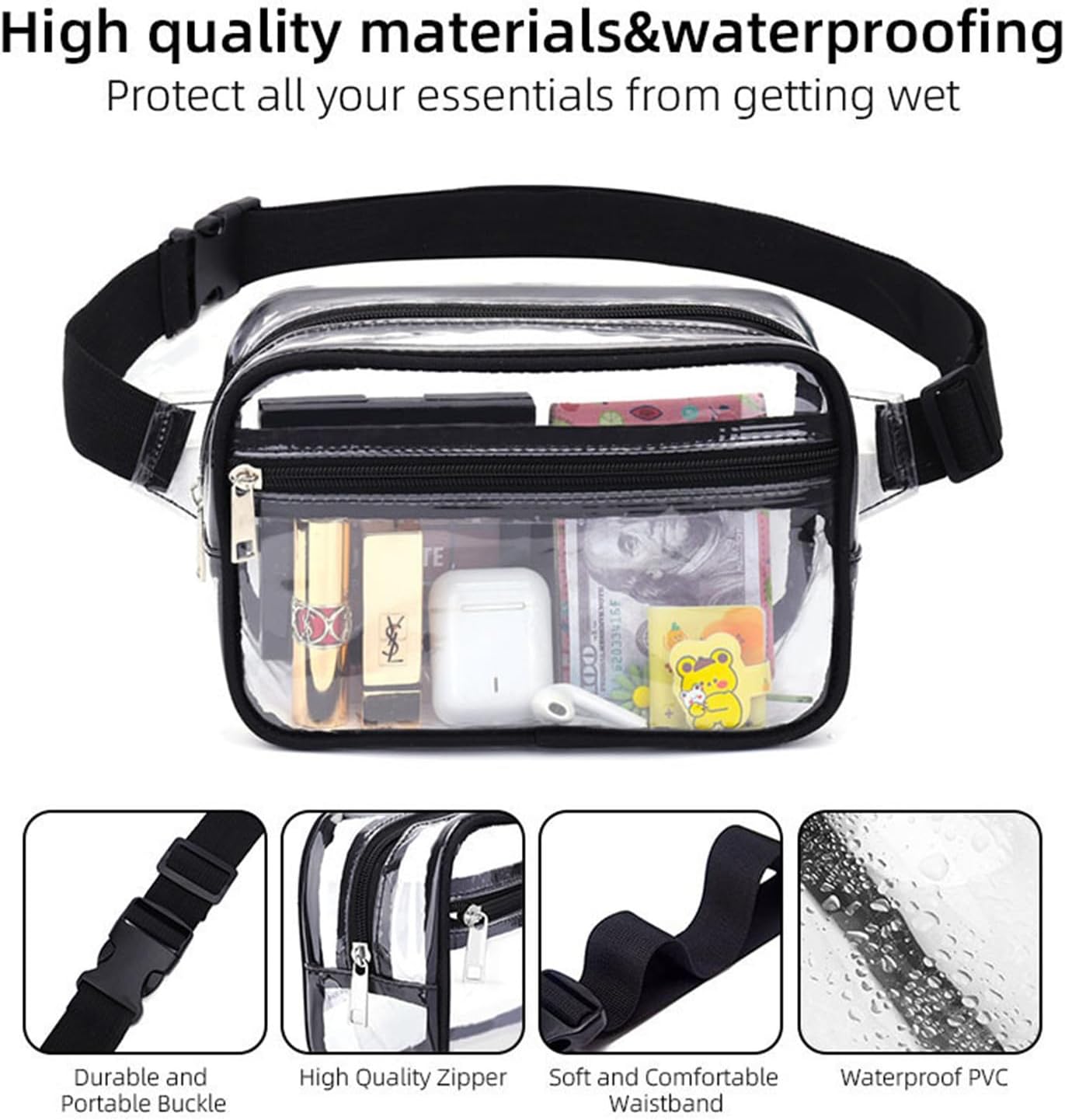 Clear Fanny Pack, PVC Transparent Stadium Bag, Waterproof Adjustable Strap Fanny Pack Crossbody - Image 3