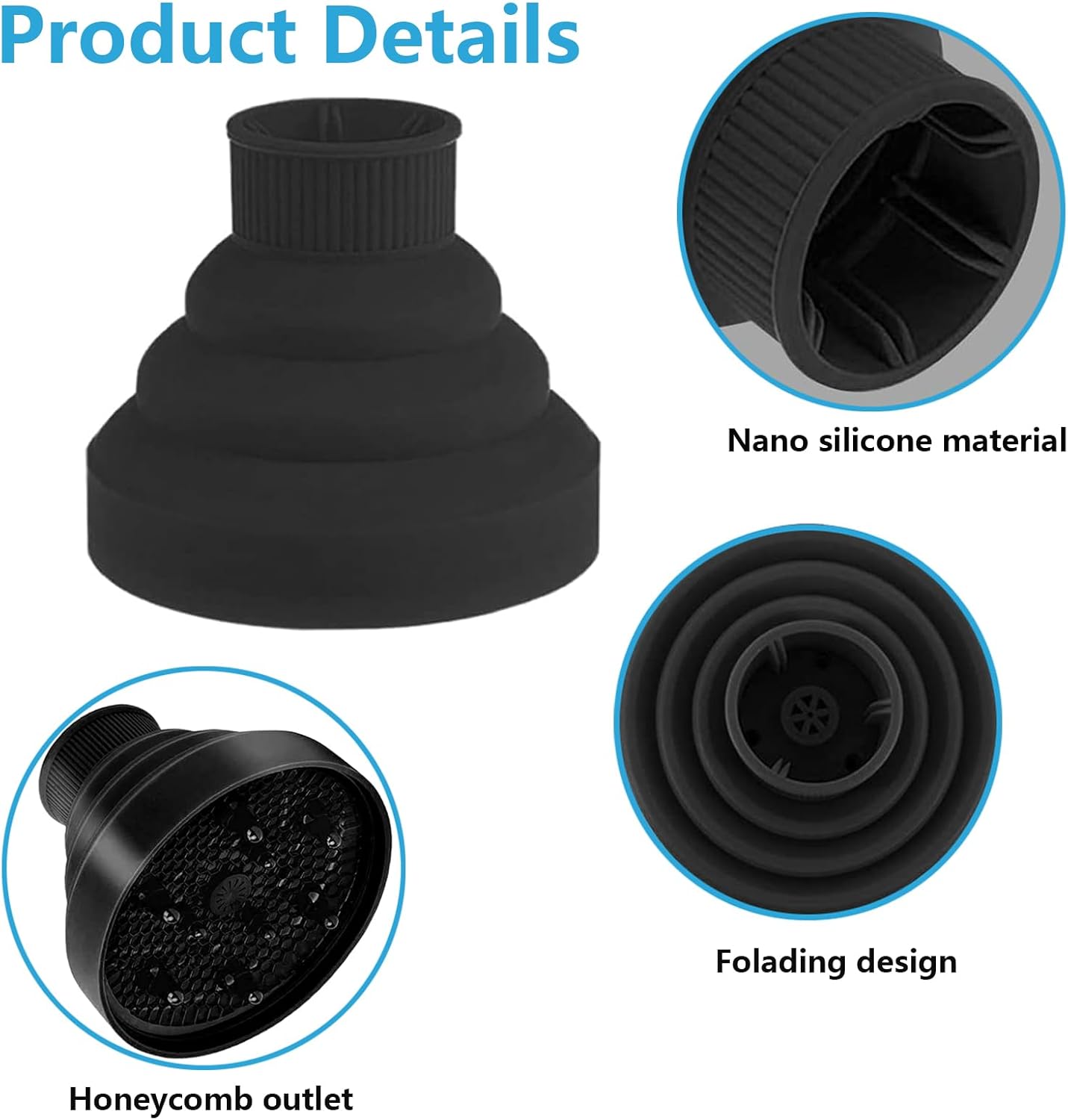 Hair Diffuser,Collapsible Hair Diffuser Portable,Diffuser Attachment for Hair Dryer,Hair Diffuser for Curly Hair,Hair Dryer Diffuser Attachment for Curly and Wavy Hair,for Most Hair Dryers (Black) - Image 3