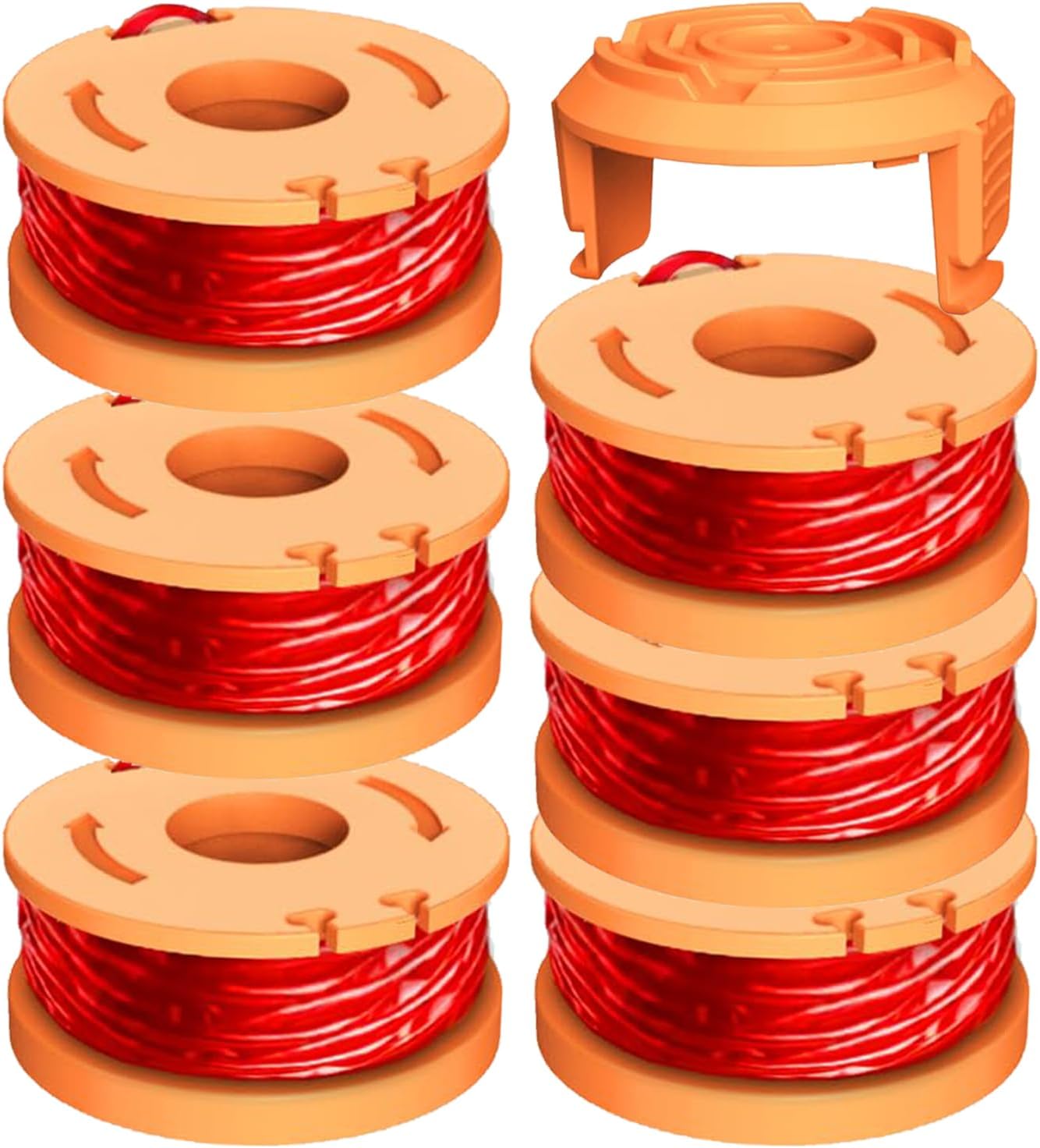 7Pack WA0010 WA0004 Replacement String Trimmer Spool Compatible with Worx WG154 WG162 WG163 WG170 WG151 WG180 Autofeed Weed Eater,Spool Line 10ft 0.065'' and WA6531 Cover Cap (6Spool + 1Cap) - Image 1
