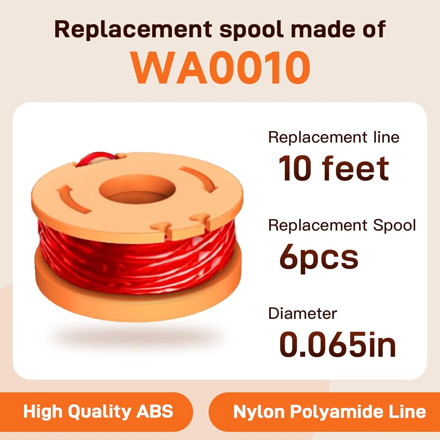 7Pack WA0010 WA0004 Replacement String Trimmer Spool Compatible with Worx WG154 WG162 WG163 WG170 WG151 WG180 Autofeed Weed Eater,Spool Line 10ft 0.065'' and WA6531 Cover Cap (6Spool + 1Cap) - Image 3