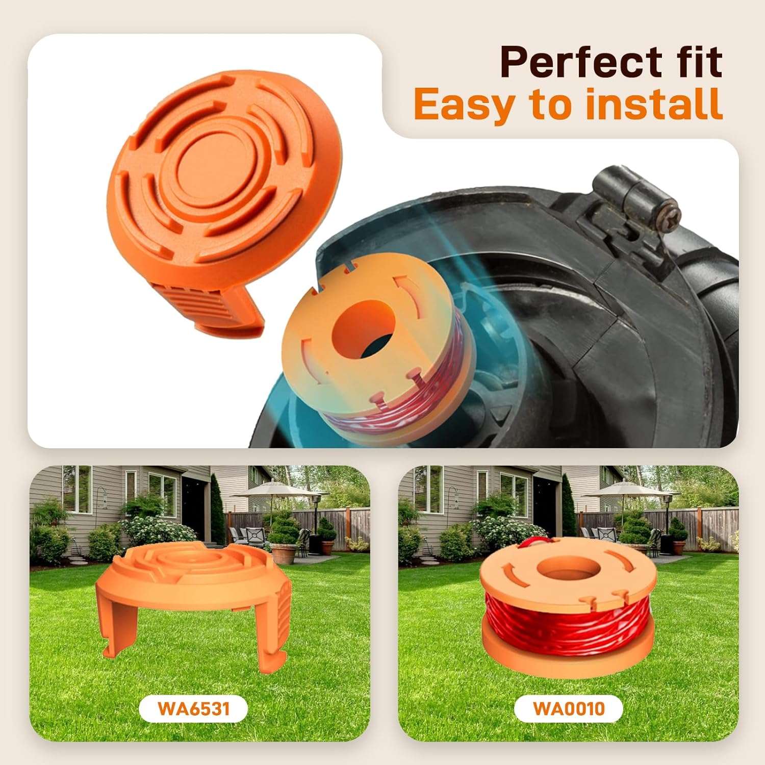 7Pack WA0010 WA0004 Replacement String Trimmer Spool Compatible with Worx WG154 WG162 WG163 WG170 WG151 WG180 Autofeed Weed Eater,Spool Line 10ft 0.065'' and WA6531 Cover Cap (6Spool + 1Cap) - Image 4