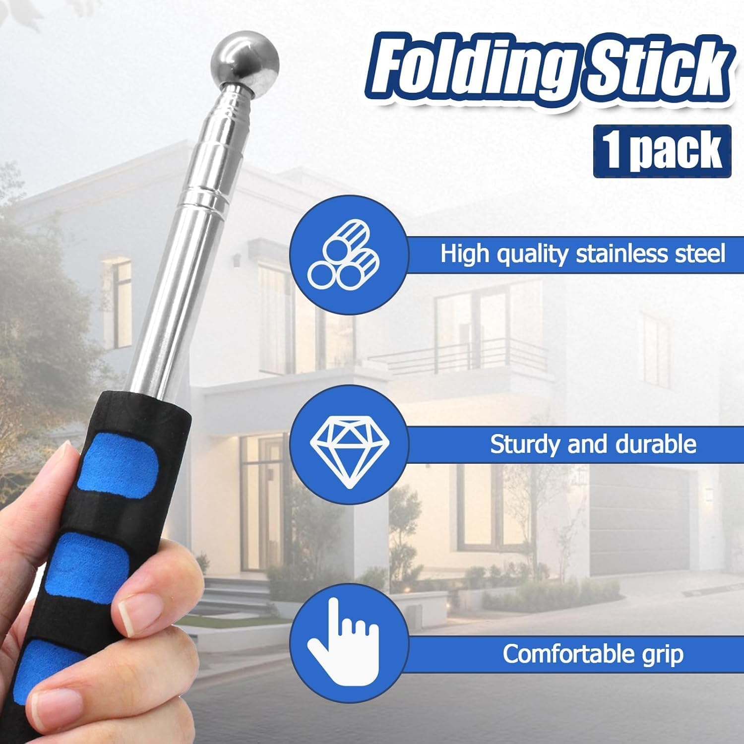 Self Defence Stick Retractable, Adjustable 115cm Thickened Telescopic Rod, Hollowing Drum Detection Hammer, Professional Telescopic Rod Hammer for House Decoration Inspection (Blue) - Image 4