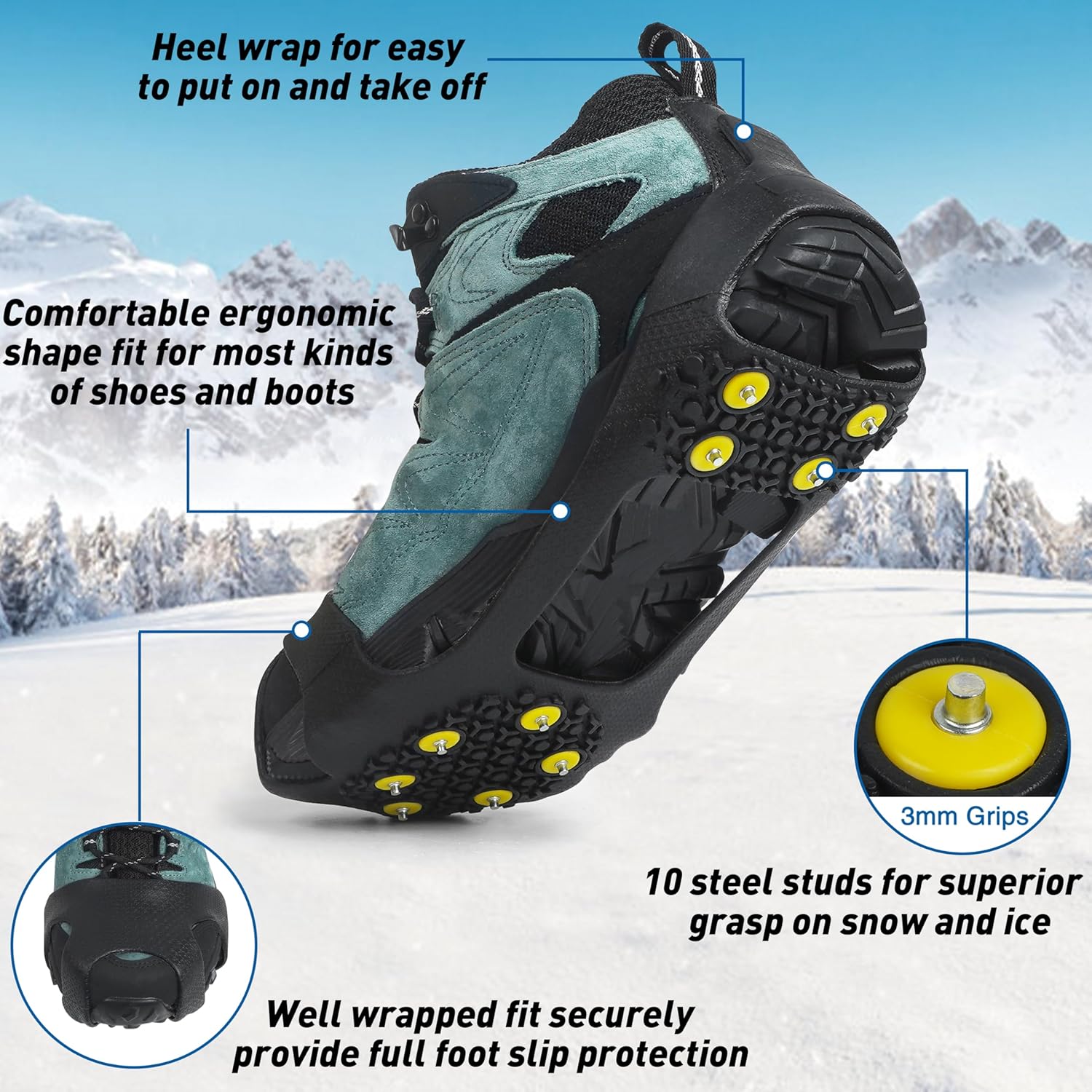 Ice Cleats Snow Traction Cleats Crampons for Shoe and Boots Non-Slip Overshoe for Walking on Snow and Ice Rubber Walking Cleats Anti Slip Crampons Slip-on Stretch Footwear - Image 2