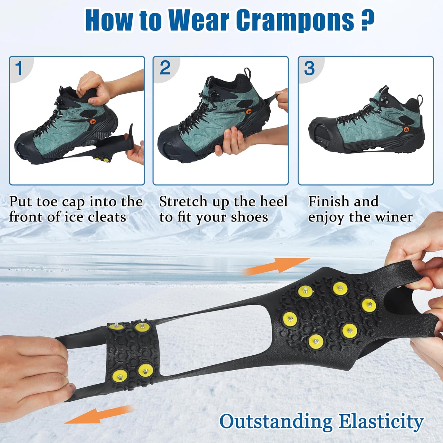 Ice Cleats Snow Traction Cleats Crampons for Shoe and Boots Non-Slip Overshoe for Walking on Snow and Ice Rubber Walking Cleats Anti Slip Crampons Slip-on Stretch Footwear - Image 4