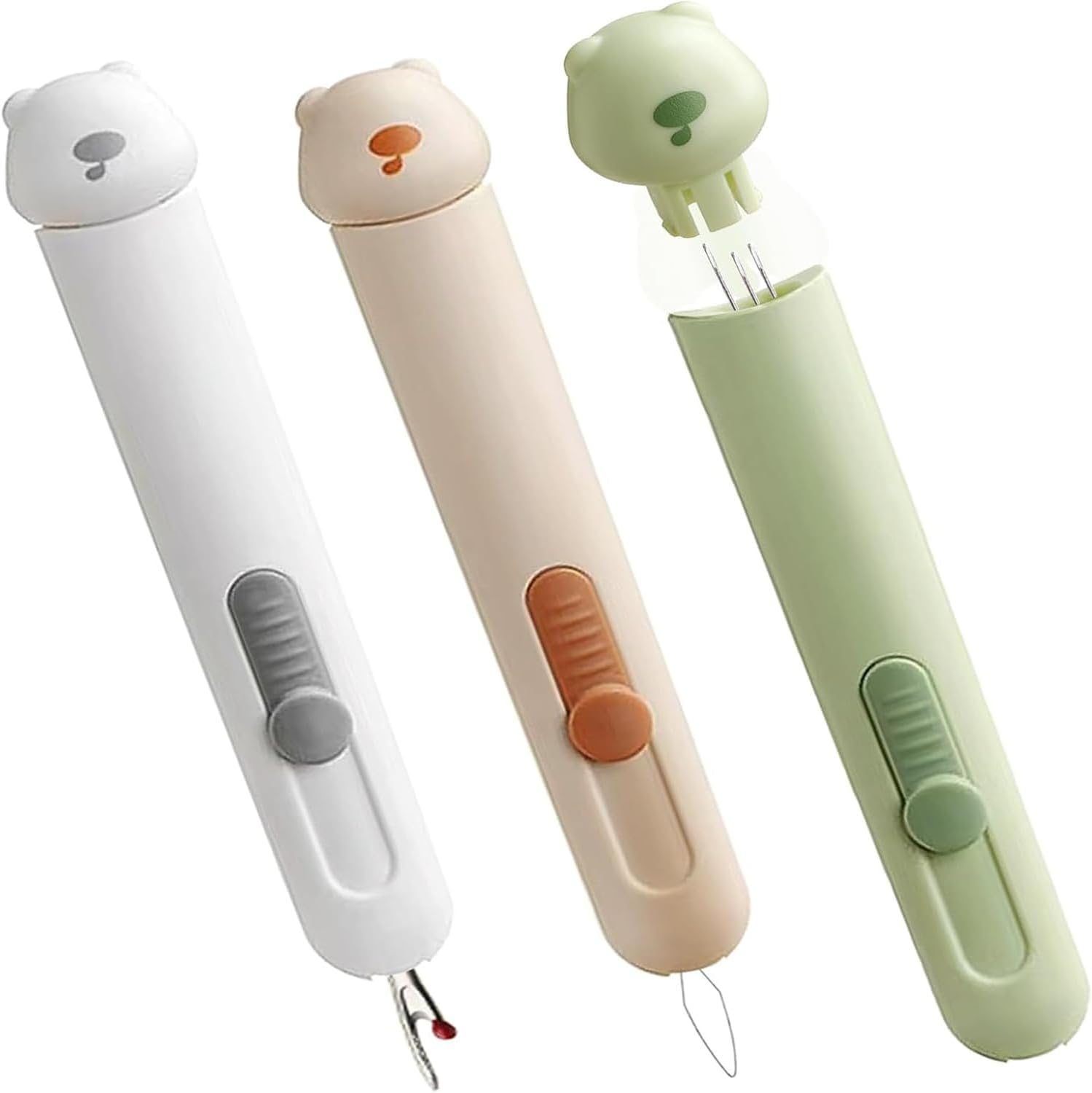 3 Pcs 3 in 1 Automatic Needle Threaders and Seam Ripper with Stainless Steel Blade for Hand Sewing, Knitting, Embroidery, Multifunctional Sewing Tool for Crafts Quilting Supplies (Green&Gray& Cream) - Image 1