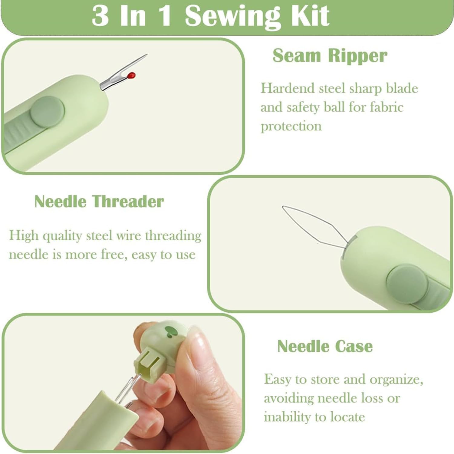 3 Pcs 3 in 1 Automatic Needle Threaders and Seam Ripper with Stainless Steel Blade for Hand Sewing, Knitting, Embroidery, Multifunctional Sewing Tool for Crafts Quilting Supplies (Green&Gray& Cream) - Image 3