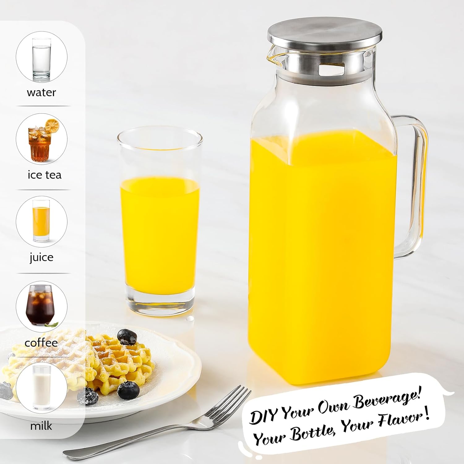 2 Quart (2 Liter 68 oz) Square Glass Pitcher with Lid and Spout, Water Pitchers Handle for Fridge, Borosilicate Carafe Hot/Cold Drink, Large Jug Iced Tea, Coffee,Juice,Milk,Beverage Clear 67.6 Ounces - Image 2