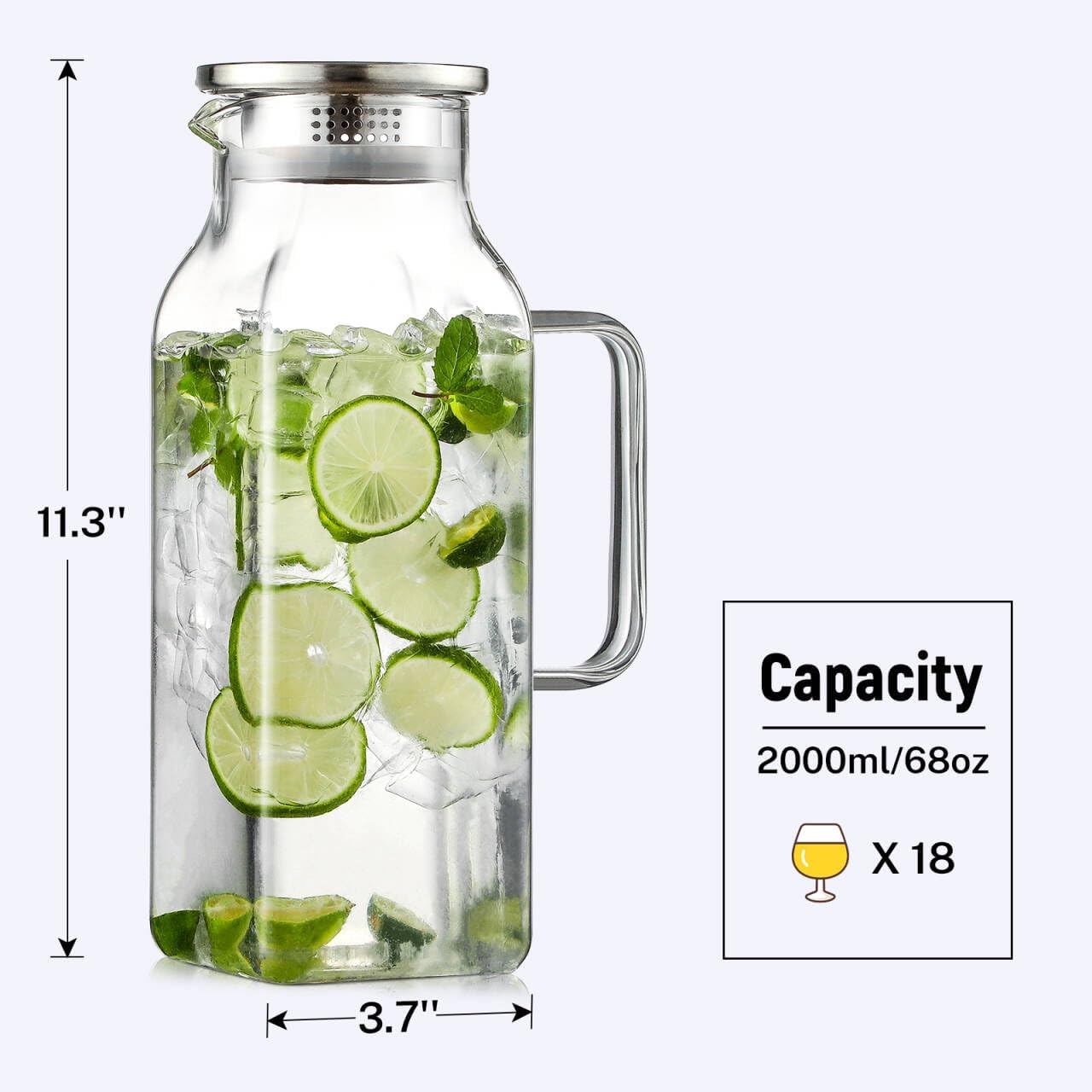 2 Quart (2 Liter 68 oz) Square Glass Pitcher with Lid and Spout, Water Pitchers Handle for Fridge, Borosilicate Carafe Hot/Cold Drink, Large Jug Iced Tea, Coffee,Juice,Milk,Beverage Clear 67.6 Ounces - Image 3