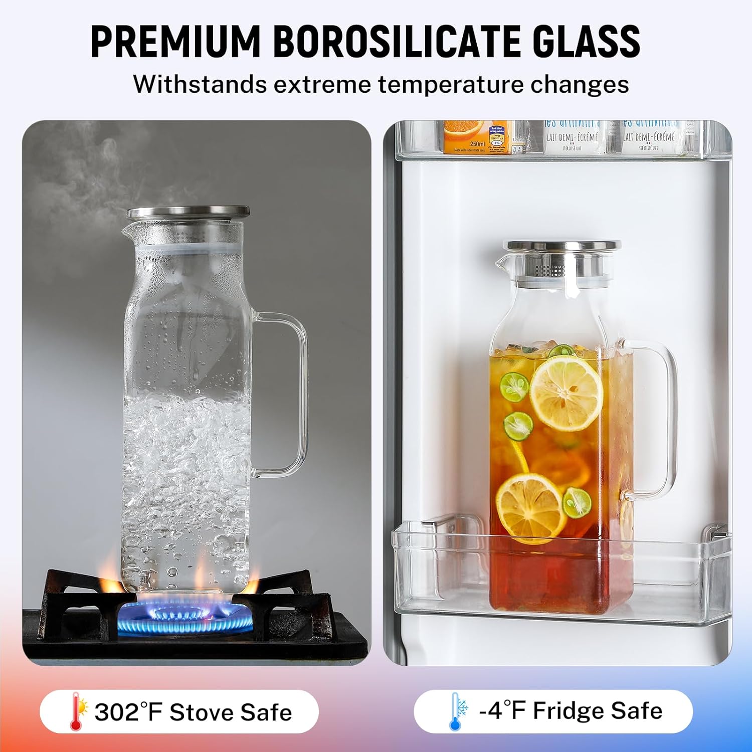 2 Quart (2 Liter 68 oz) Square Glass Pitcher with Lid and Spout, Water Pitchers Handle for Fridge, Borosilicate Carafe Hot/Cold Drink, Large Jug Iced Tea, Coffee,Juice,Milk,Beverage Clear 67.6 Ounces - Image 4