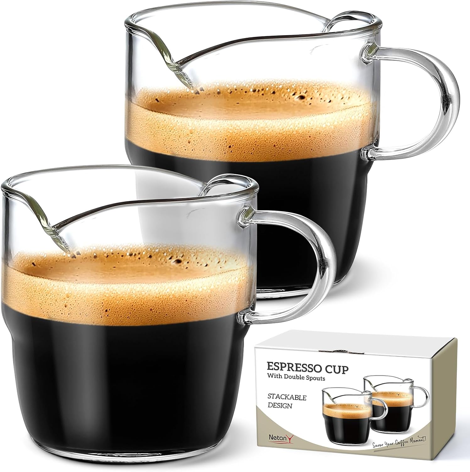 6 OZ Espresso Cups Set of 2, Double Spouts Stackable Cups, Shots Glass Mugs with Handle, Machine Accessories for Coffee Bar, Cute Clear Glasses Gift - - Image 1