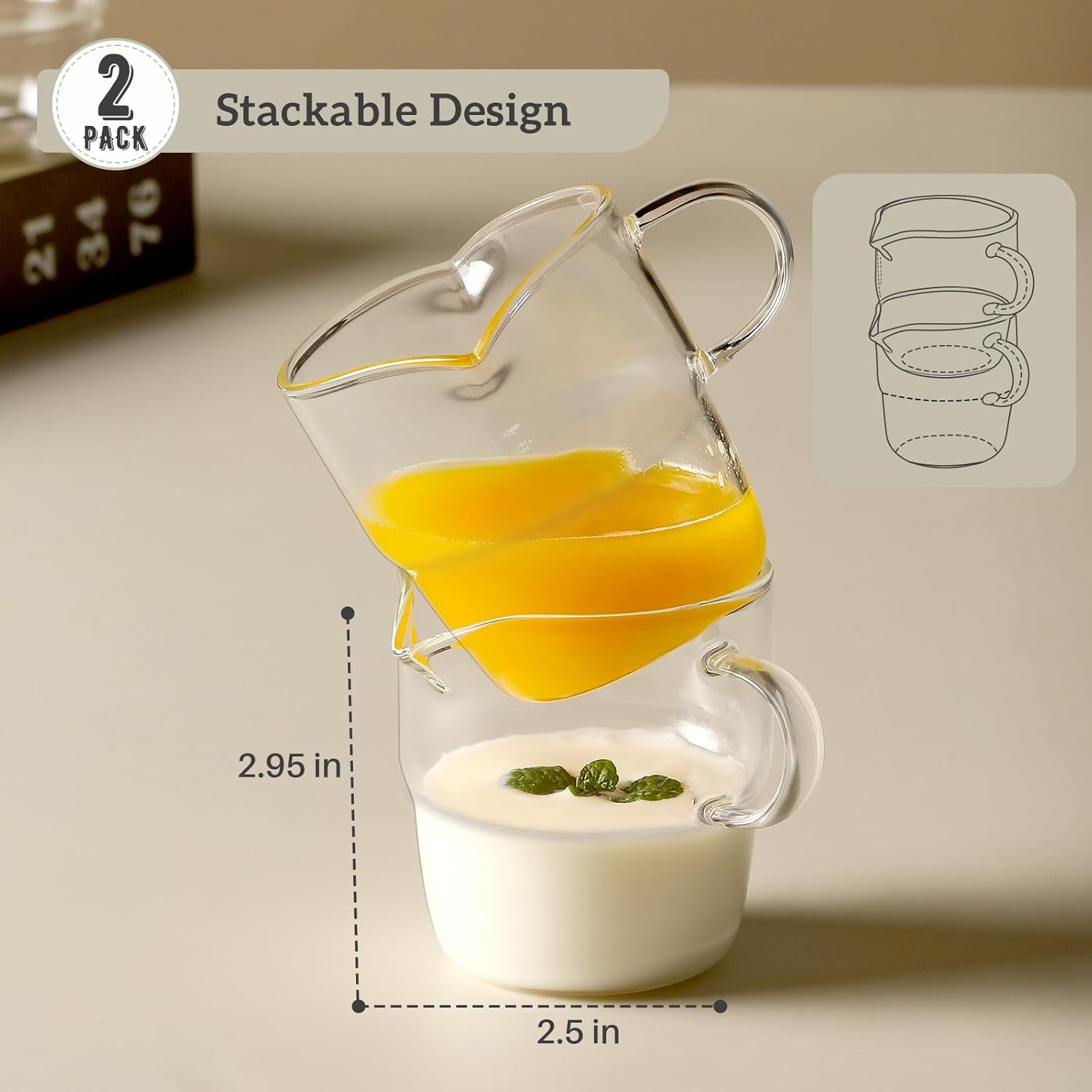 6 OZ Espresso Cups Set of 2, Double Spouts Stackable Cups, Shots Glass Mugs with Handle, Machine Accessories for Coffee Bar, Cute Clear Glasses Gift - - Image 3
