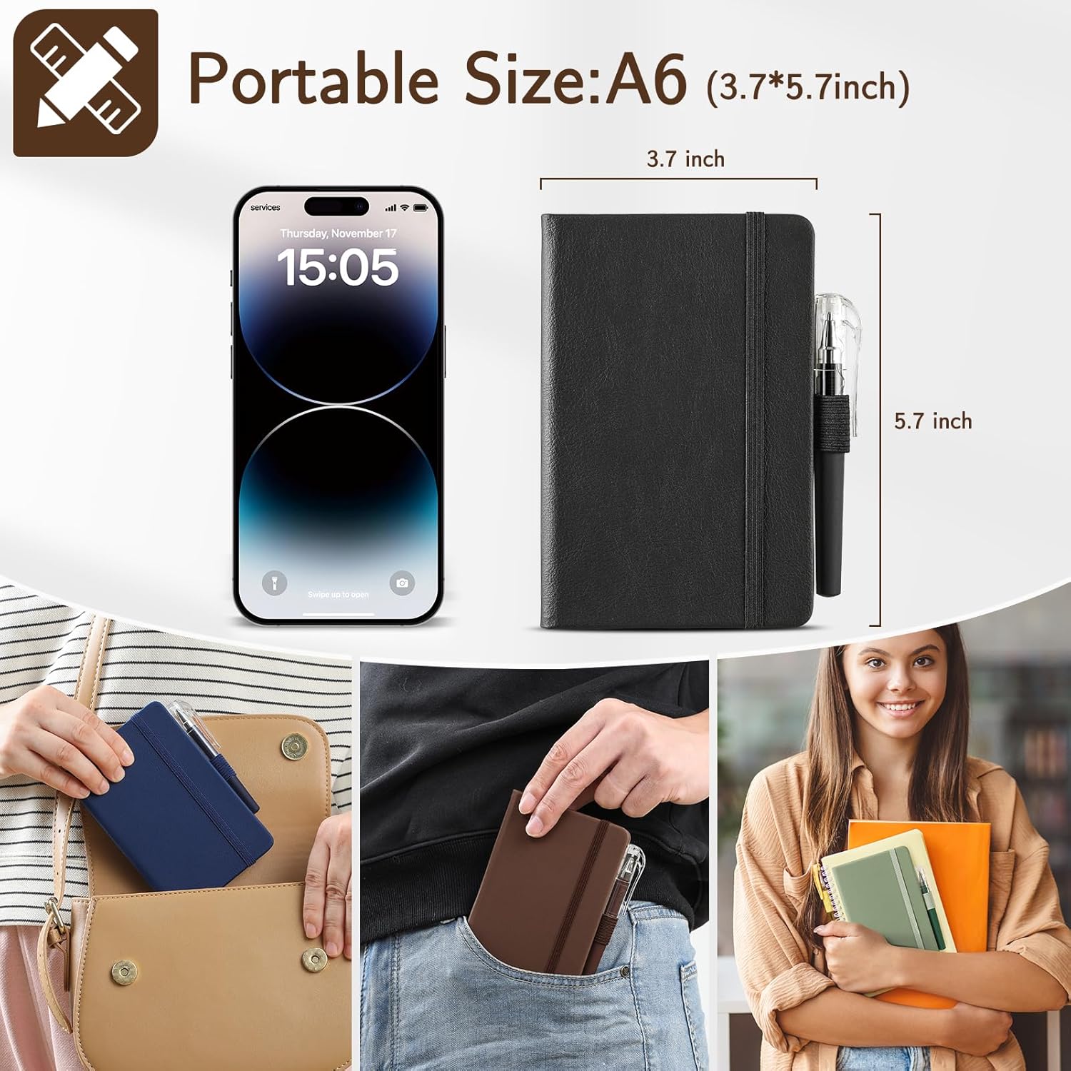 4 Pack Small Notebook Pocket Notebook, A6 Mini Leather Hardcover Journal, 3.7