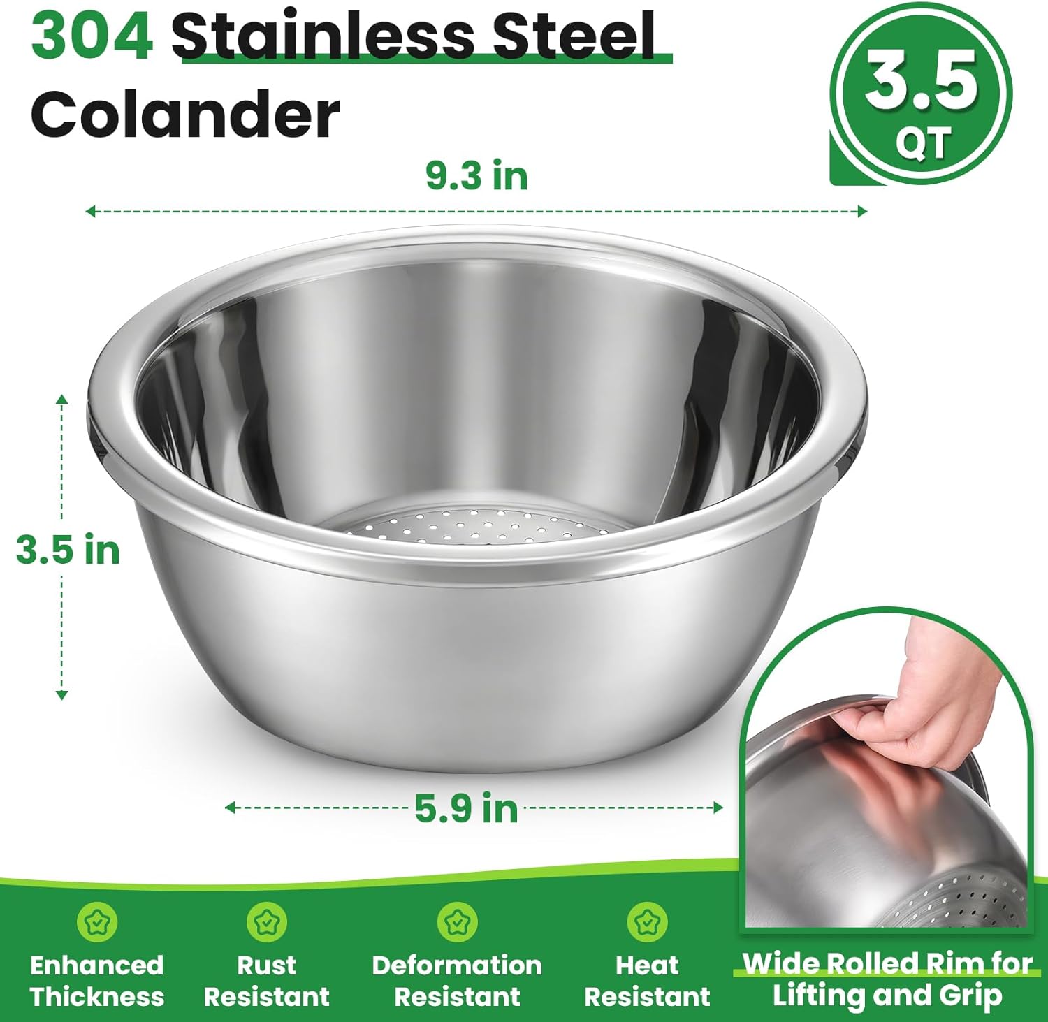Hands-Free 304 Stainless Steel Strainer and Colander with Self-Draining Base, Kitchen Microporous Strainers for Rice Pasta Fruits Vegetables - - Image 2