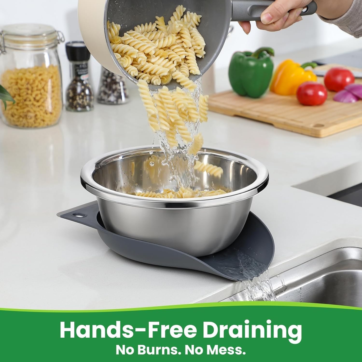Hands-Free 304 Stainless Steel Strainer and Colander with Self-Draining Base, Kitchen Microporous Strainers for Rice Pasta Fruits Vegetables - - Image 4