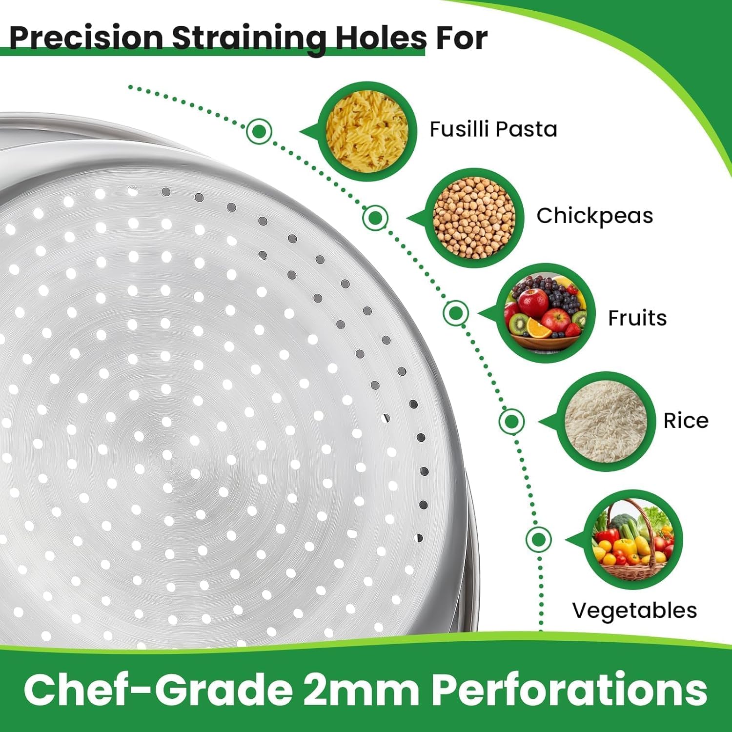 Hands-Free 304 Stainless Steel Strainer and Colander with Self-Draining Base, Kitchen Microporous Strainers for Rice Pasta Fruits Vegetables - - Image 5