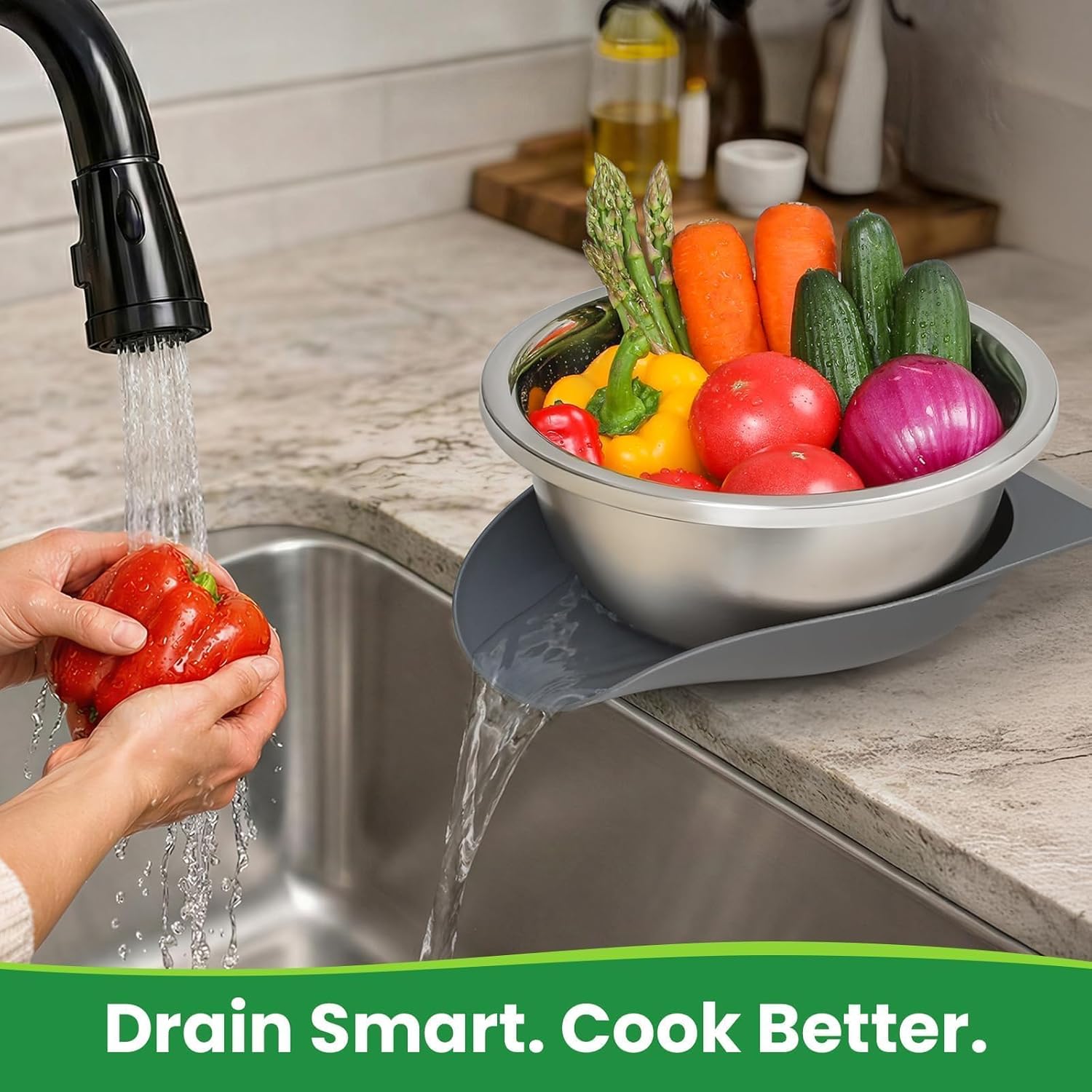 Hands-Free 304 Stainless Steel Strainer and Colander with Self-Draining Base, Kitchen Microporous Strainers for Rice Pasta Fruits Vegetables - - Image 8