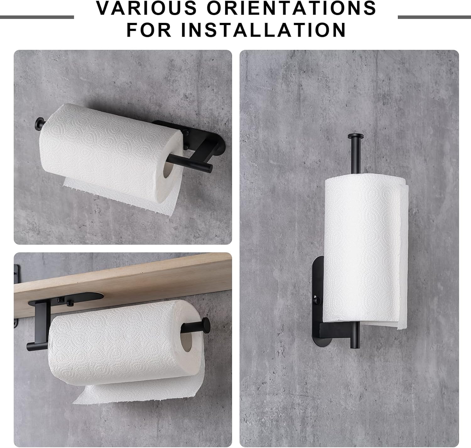 Paper Towel Holder, Upgrade SUS304 Stainless Steel Holder Under Cabinet, Bend-Resistant, Self-Adhesive or Drill mounting (Black) Black - - Image 4