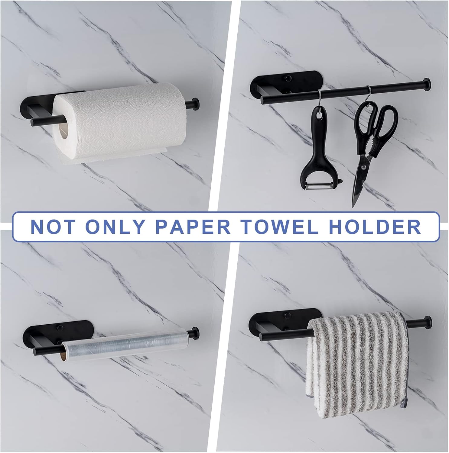 Paper Towel Holder, Upgrade SUS304 Stainless Steel Holder Under Cabinet, Bend-Resistant, Self-Adhesive or Drill mounting (Black) Black - - Image 5