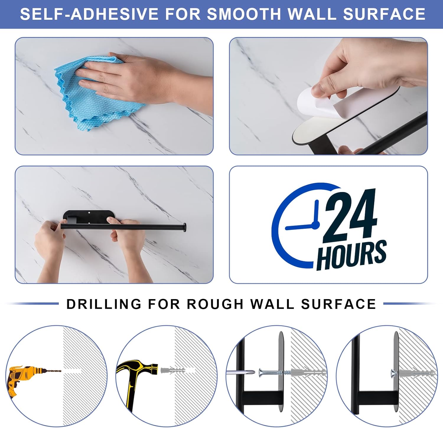 Paper Towel Holder, Upgrade SUS304 Stainless Steel Holder Under Cabinet, Bend-Resistant, Self-Adhesive or Drill mounting (Black) Black - - Image 6