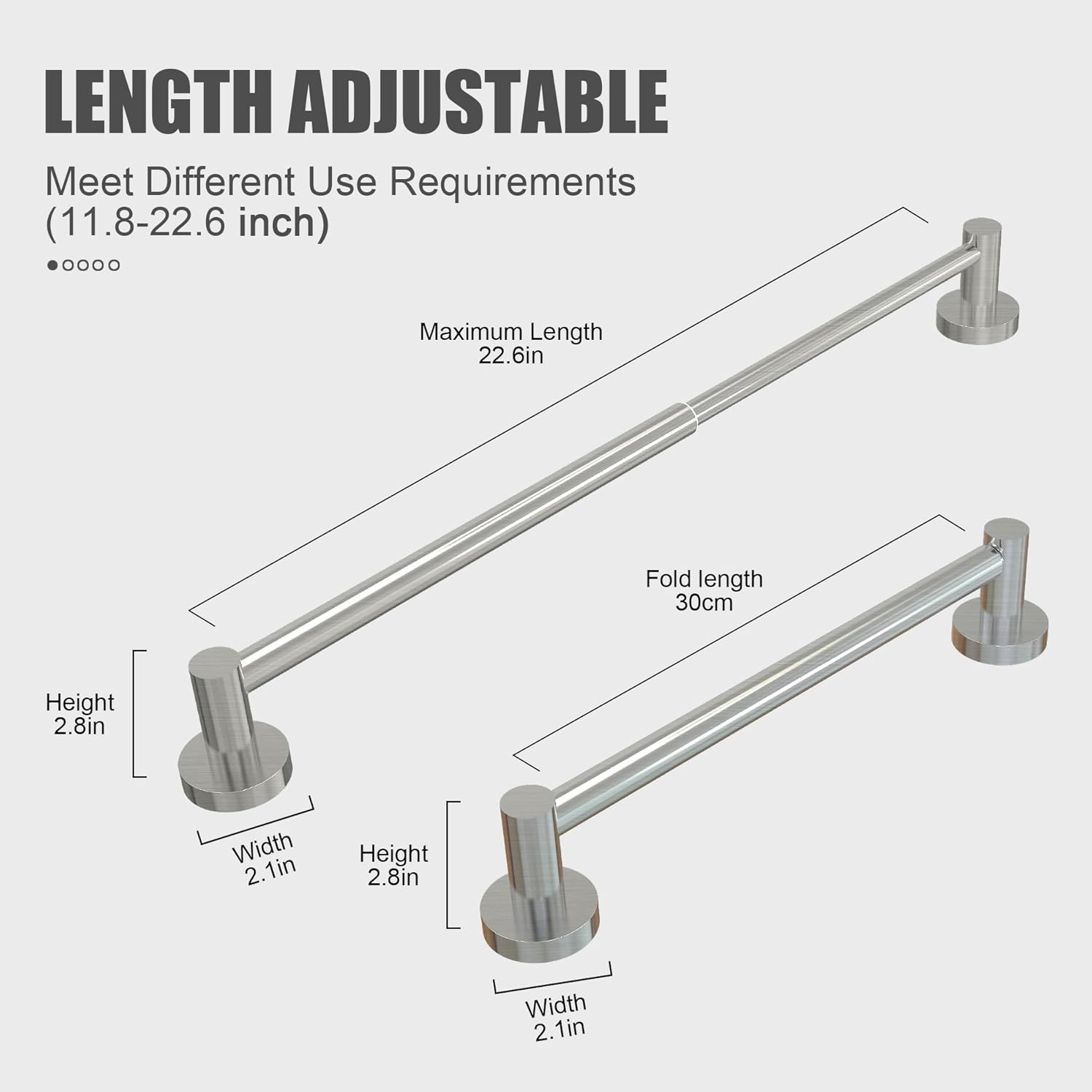 Towel Bar - Adjustable 304 Stainless Steel Holder for Bathroom (11.8inch-22.6inch) Sturdy and Rustproof Wall Mounted Rack Accessories, Silver… Silver - Image 3